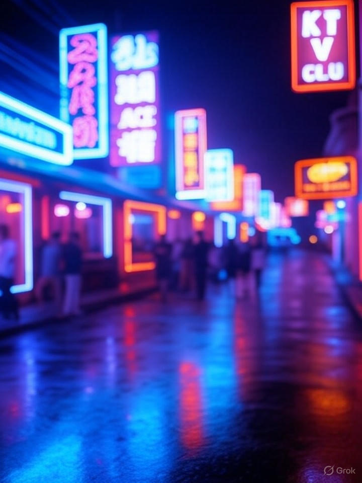 Ultra high resolution 8K photorealistic night photography of Sihanoukville, Cambodia red light distr